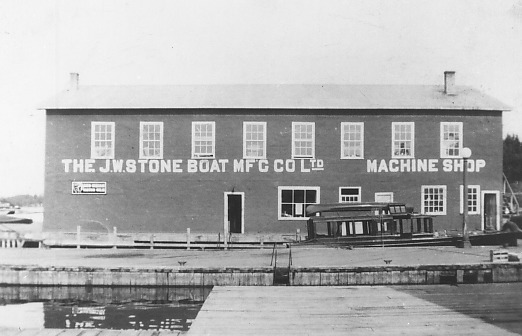 Black and white photograph of the J.W. Stone Boat Manufacturing Co.’s second location was on the west side of the foot of Main Street.