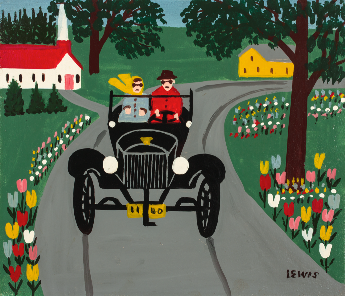 Maud Lewis (1903 – 1970), MODEL T FORD, late 1950s / early 1960s, oil on board, 27.9 × 29.2 cm (11 × 11 1/2 in.), Collection of CFFI Ventures Inc. as collected by John Risley. © Art Gallery of Nova Scotia