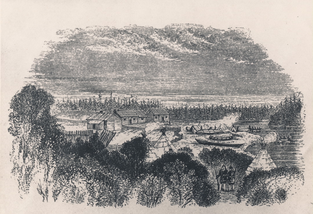 Hudson’s Bay Company post on Old Fort Island, 1837. Reproduced from a sketch by H.Y. Hind.