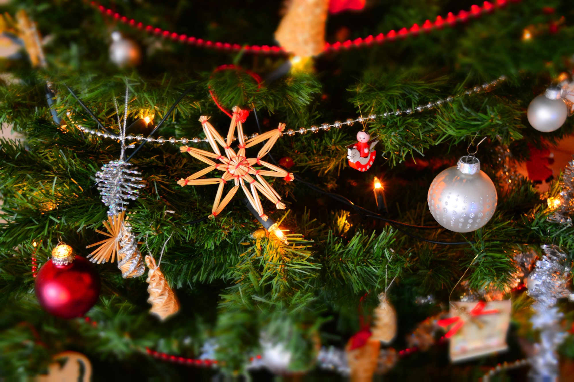 Close-up photograph of ornaments on a Christmas tree.