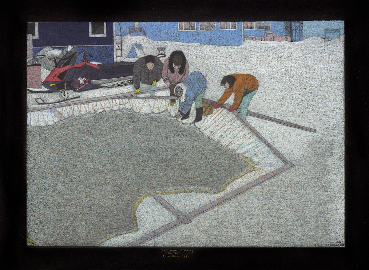 Coloured pencil and graphite drawing by artist Itee Pootoogook (1951 ‑ 2014) titled "Four Women Working on the Polar Bear Skin" dated 2011.