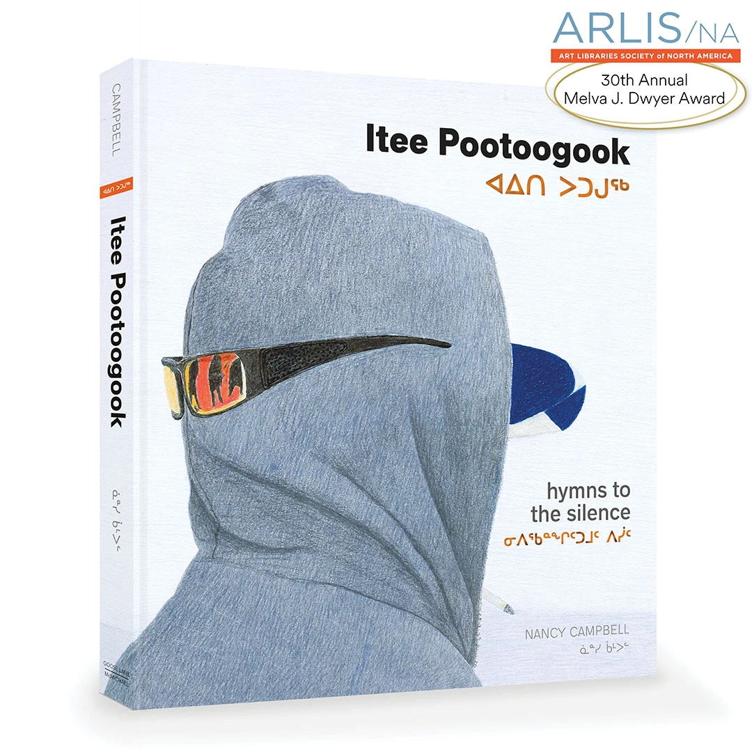 Book cover for "Itee Pootoogook: Hymns to the Silence." Features drawing on the cover by the artist of a man in a grey hoodie (hood-up) with a blue cap sticking out and sunglasses on the back of his head.