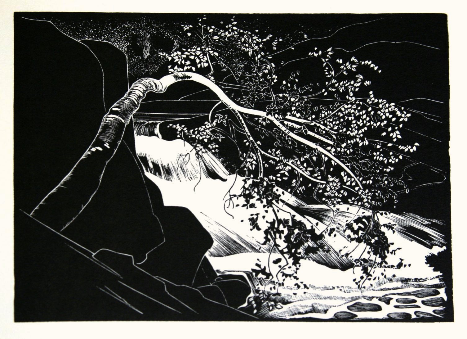 Black and white engraving. Walter J. Phillips (1884-1963). Rushing River, lake of the Woods, 1931. Wood engraving. Edition of 200. 13.9 x 17.1 cm.