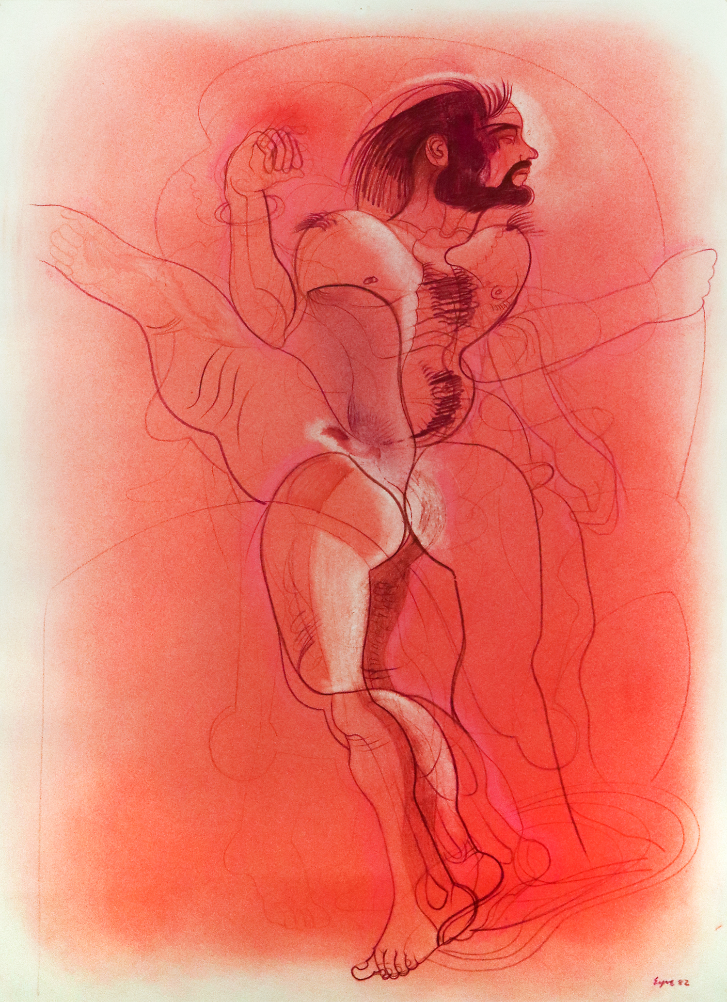 Drawing by Canadian artist Ivan Eyre depicting an abstracted, nude male figure in red. There are many lines drawn around the body suggesting movement.