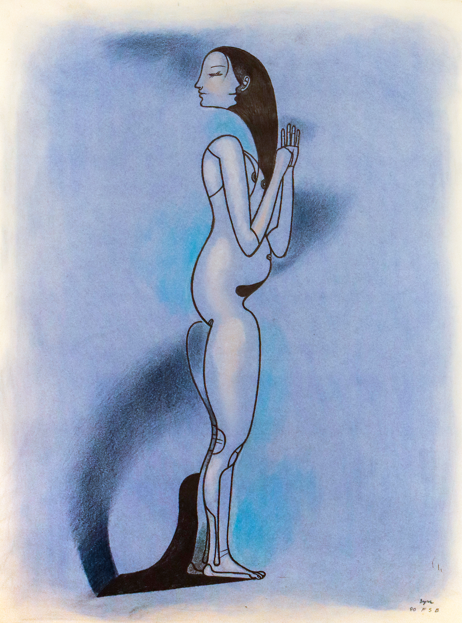 Drawing by Canadian artist Ivan Eyre depicting an abstracted, nudge female figure in monochromatic blue. Her body is facing to the right and she is looking back over her shoulder to the left.
