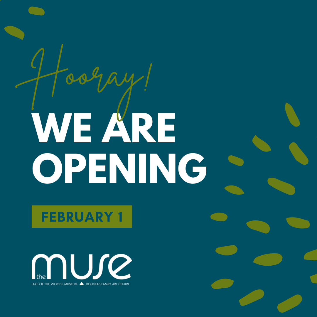 A graphic text image on a teal background with green accents.  White and green text reading "Hooray! We are opening February 1" and The Muse logo.