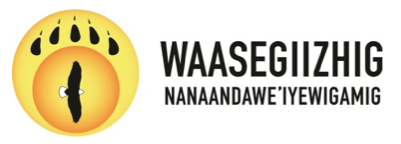 Logo for Waasegiizhig Nanaandawe'iyewigamig, featuring a yellow circle, within it a bear paw print, and within that a bald eagle.