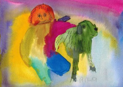 Colourful watercolour painting by artist, Rita Winkler, of herself and her family dog titled "Andy and Me"