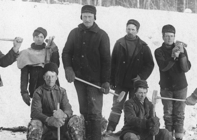 Young Ukrainian men on a drilling gang pose during the building of the Transcontinental Railway in northwestern Ontario in 1908. Photographer: C.G. Linde