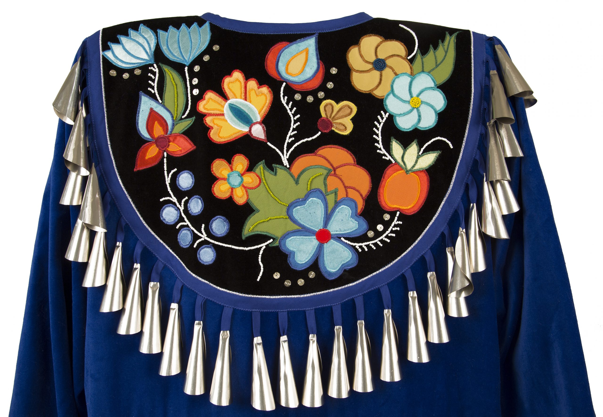 Shannon Gustafson, Blue Jingle Dress (detail), 2020, 132 x 71 cm, velveteen, cotton, satin, silver sequins, seed beads, jingles