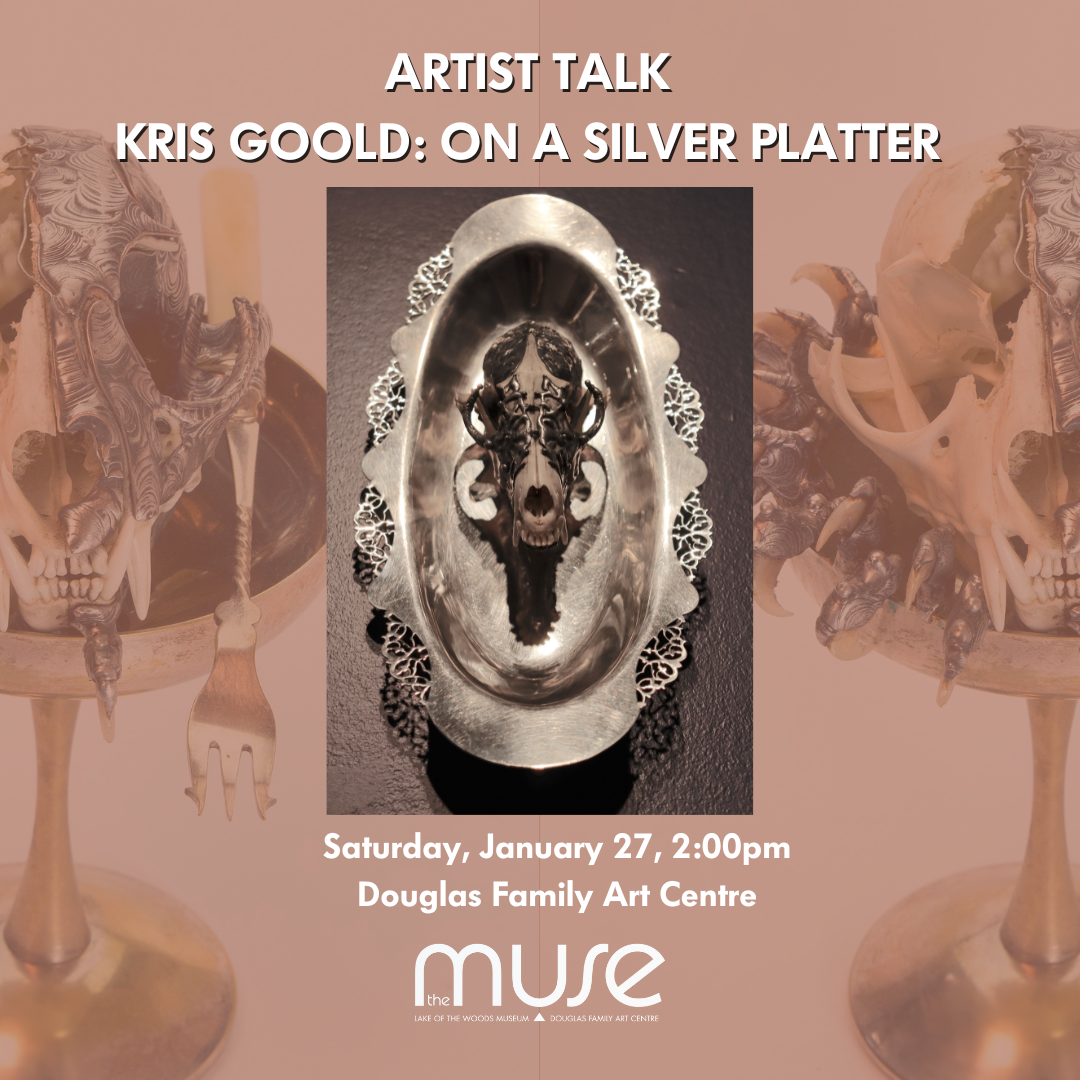 Advertisment for Kris Goold's art talk Saturday January 27th, 2024. The image is am armoured fox skull mounted on a silver tray hanging on a wall. On either side are armoured Lynx Skulls in Silver chalices.