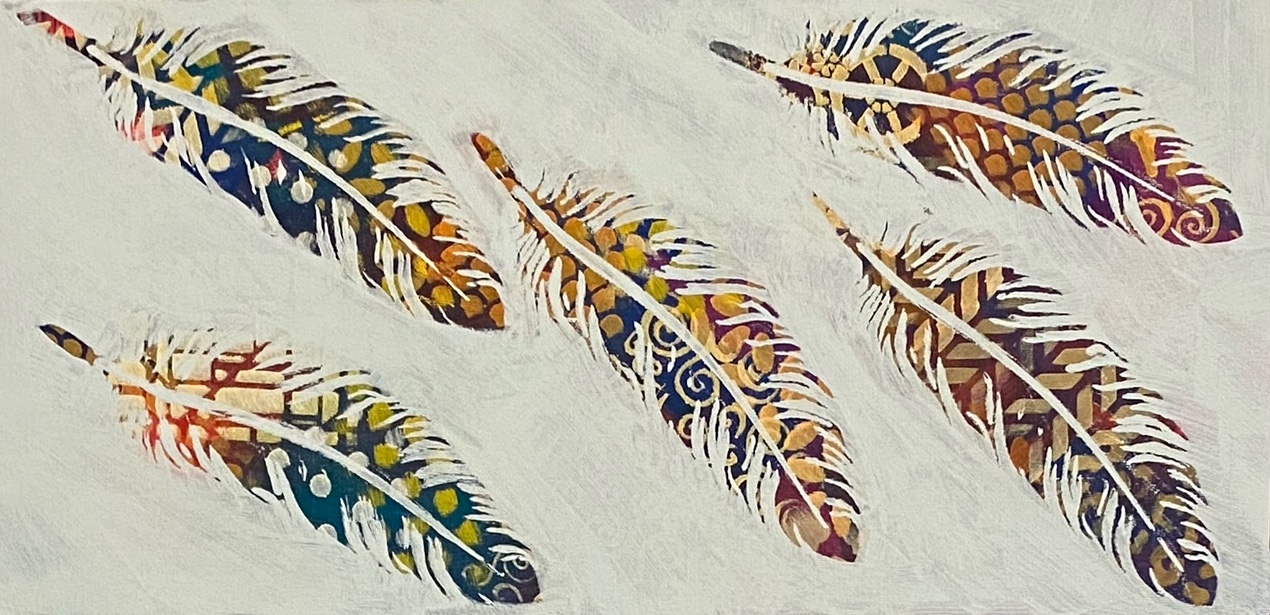 A landscape orientation painting of colourful feathers on a white or cream coloured background by artist, Laurie Dufrense.