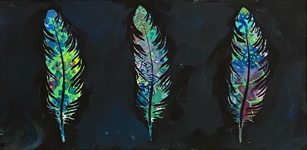 A landscape orientation painting of colourful feathers on a black background by artist, Laurie Dufrense.