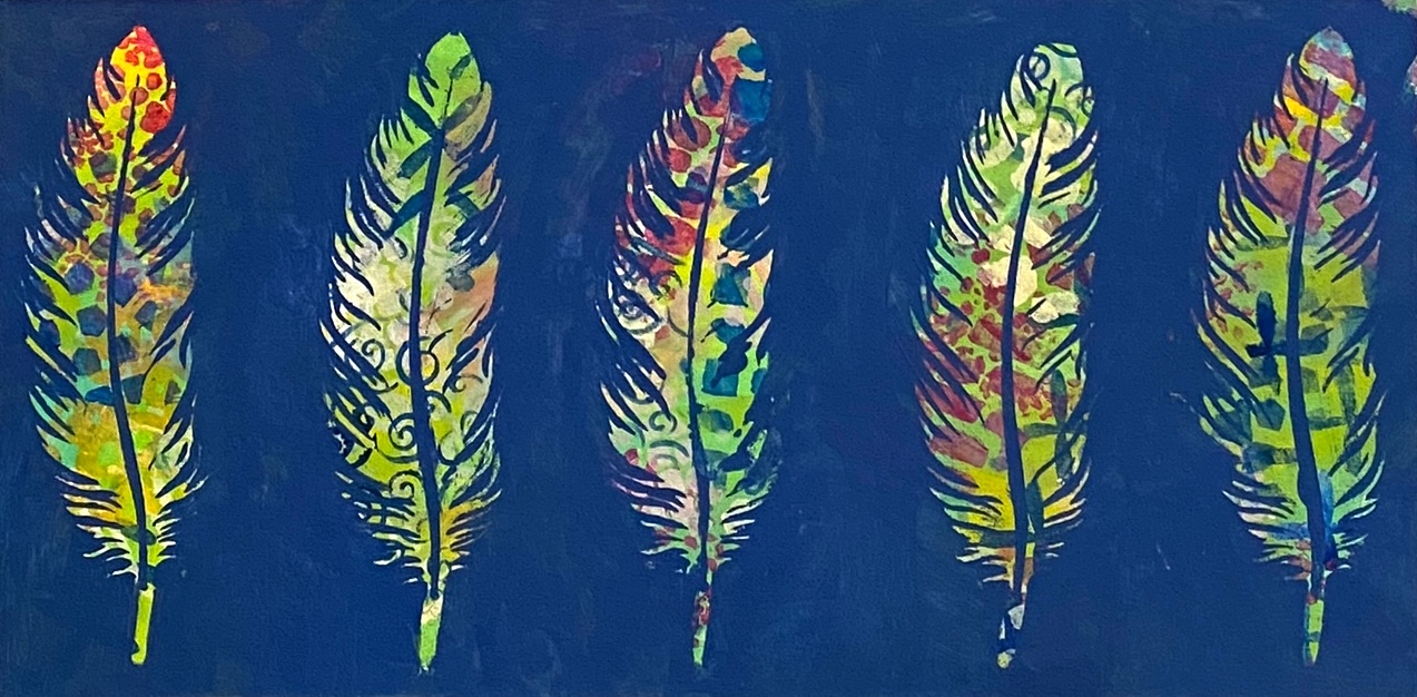 A landscape orientation painting of colourful feathers on a bright blue background by artist, Laurie Dufrense.