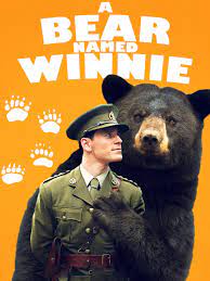 Poster for A Bear Named Winnie. A man and a black bear on an orange background with paw prints