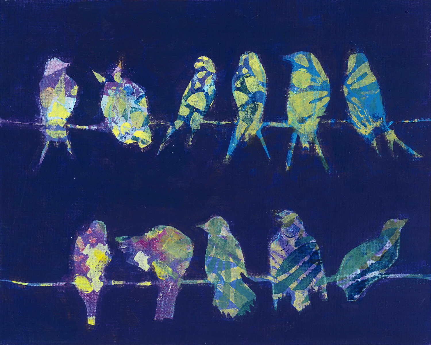 An acrylic painting of colourful, patterned birds on a navy blue background.