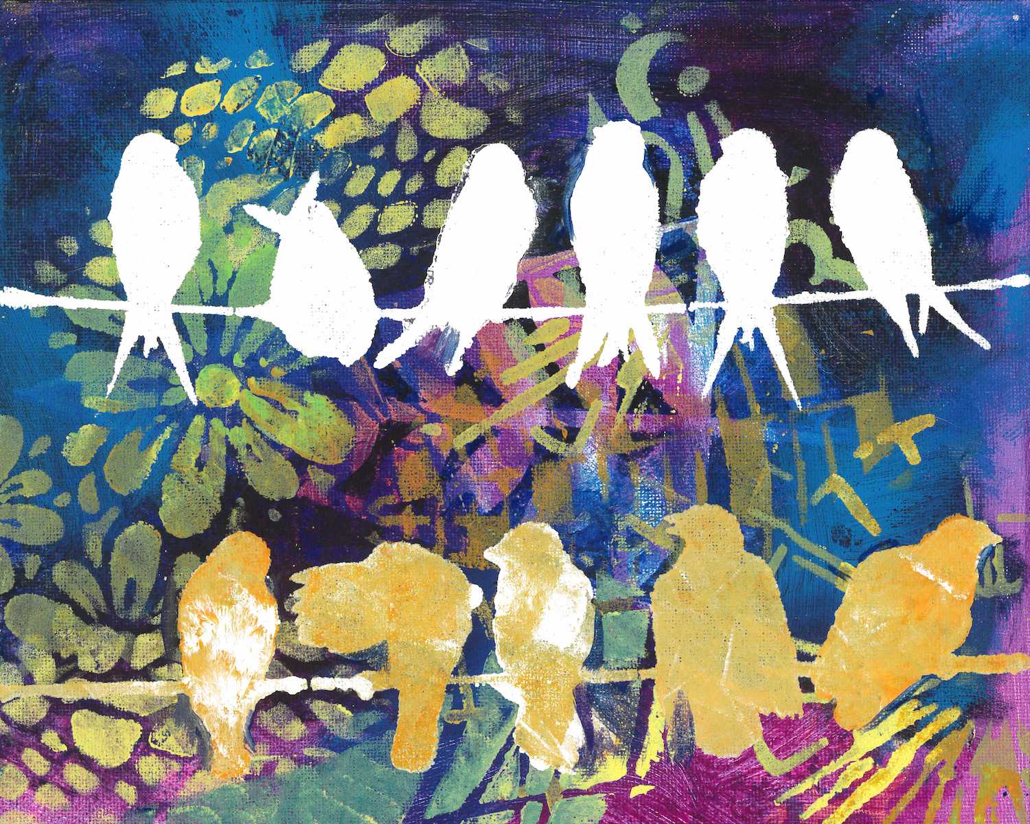 An acrylic painting of white and gold birds on a colourful, patterned background.