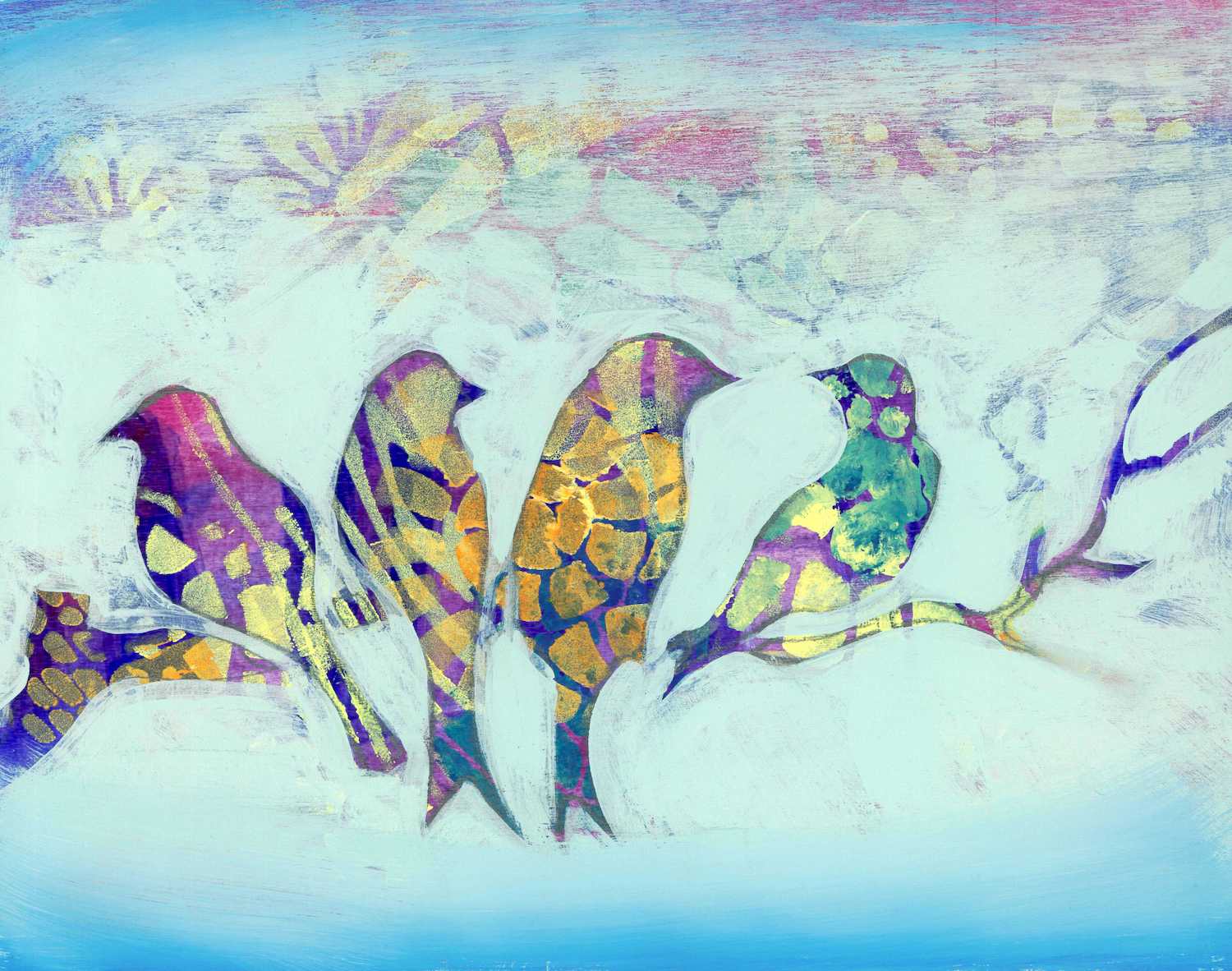 An acrylic painting of colourful, patterned birds on a light blue ombre background.